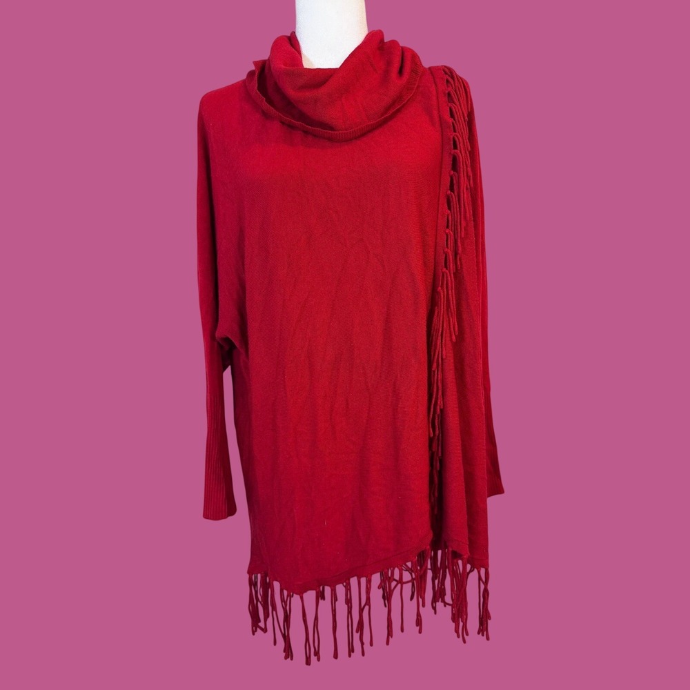 NY Collection Sweater Women XXL Red Excellent Cowl Neck Fringe Hem Poncho Style